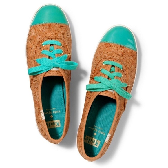 KEDS Kate Spade Cork Corkie Sneakers Shoes Lace Up Teal Green Rubber Soles - Picture 1 of 14